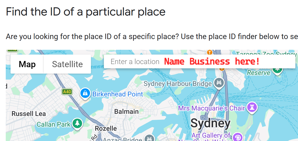 Example showing where to enter your business name in Google Place ID Finder