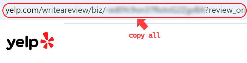 Example showing the Yelp Write a Review URL to copy